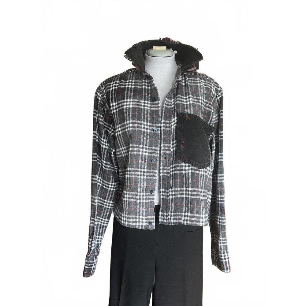 Handmade Upcycled Cropped Flannel Denim & Plaid Ruffled Collar One-of-a-Kind π€β€οΈ - Picture 6 of 13
